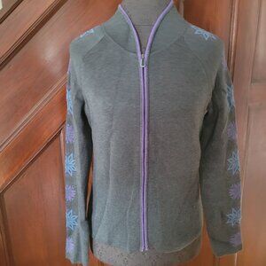 Eddie Bauer Sport Petite S Gray Cardigan With Purple & Blue Snowflake Accents Fu